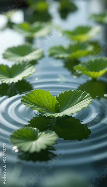 Obraz Fresh gotu kola leaves floating on water with soft ripples and dew drops, evoking natural purity, wellness, and herbal skincare aesthetics.