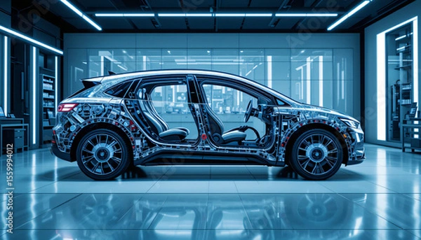 Obraz Futuristic electric vehicle with transparent body showing internal systems, displayed in a high-tech lab with advanced lighting and clean environment.