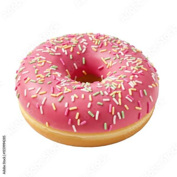 Fototapeta Pink frosted donut with colorful sprinkles on a white background  