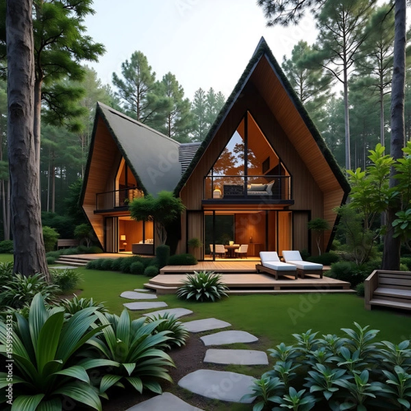 Fototapeta Modern A-Frame House in a Lush Forest Setting Architectural Design