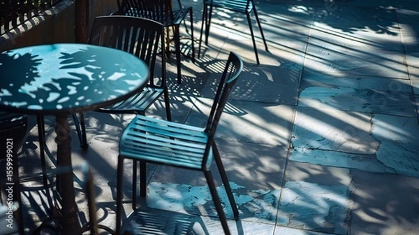 Fototapeta Angular Shadows of Café Chairs on Patio Floor