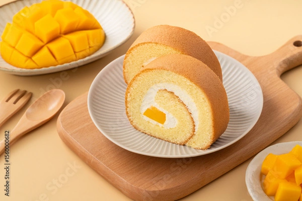 Fototapeta Delicious mango cream Swiss roll cake on plate
