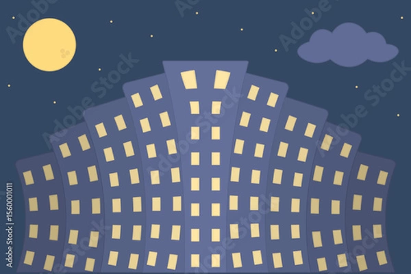 Fototapeta Night city landscape. Color vector illustration. Multi-storey apartment building with many luminous windows. Full moon, cloud and stars in the sky. Isolated white background. Cartoon. 