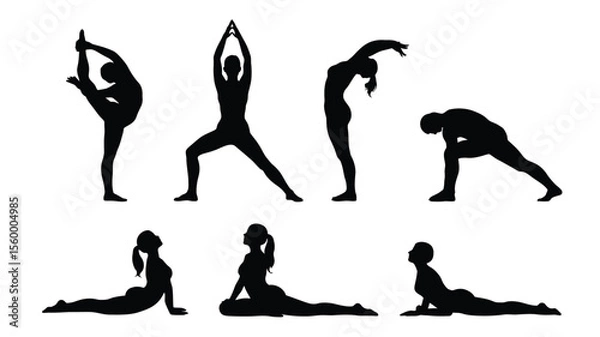 Fototapeta Minimalist Exercise Pose Icon Set – Black and White Stick Figure Illustrations of Movement and Stretching