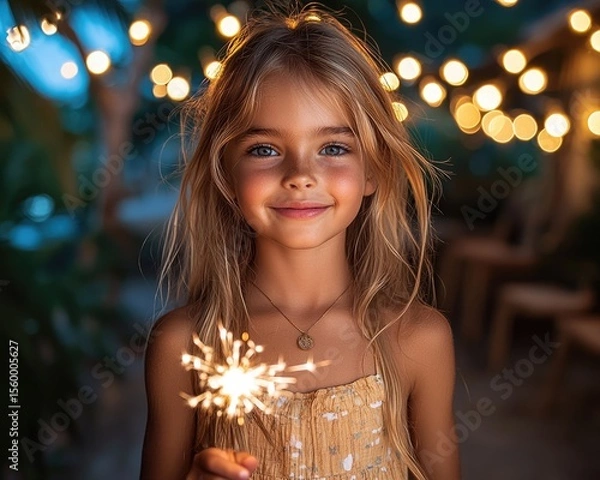 Fototapeta Smiling girl with sparkler at night