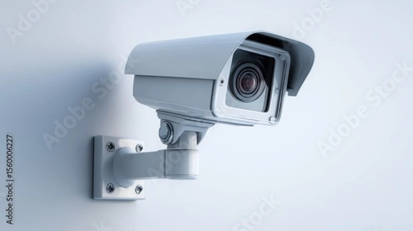 Obraz White casing CCTV camera with visible mounting bracket on white background
