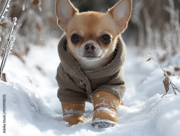 Fototapeta Tiny dog in winter coat and boots in snowy forest