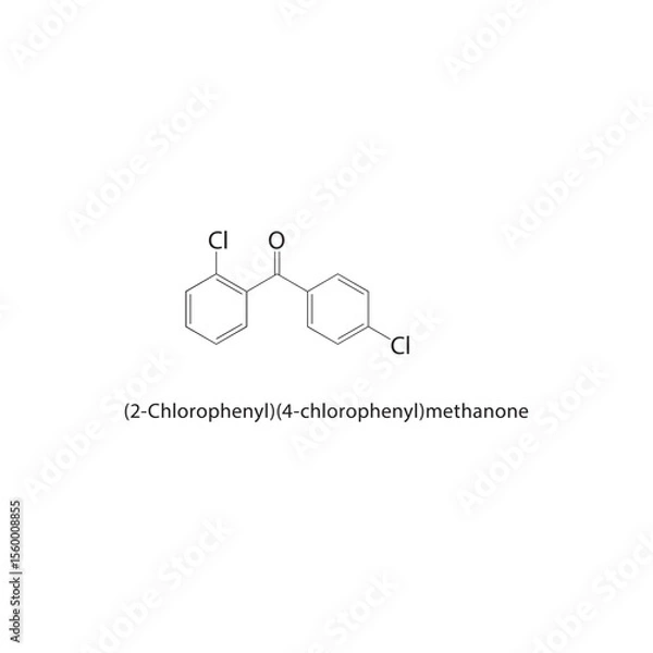 Fototapeta (2-Chlorophenyl)(4-chlorophenyl)methanone skeletal structure. Halogenated diaryl ketone compound schematic illustration. Simple diagram, chemical formula.
