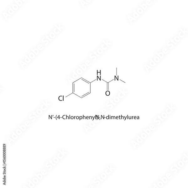 Fototapeta N’-(4-Chlorophenyl)-N,N-dimethylurea skeletal structure. Halogenated urea derivative compound schematic illustration. Simple diagram, chemical formula.