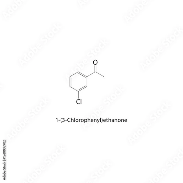 Fototapeta 1-(3-Chlorophenyl)ethanone skeletal structure. Halogenated aryl ketone compound schematic illustration. Simple diagram, chemical formula.