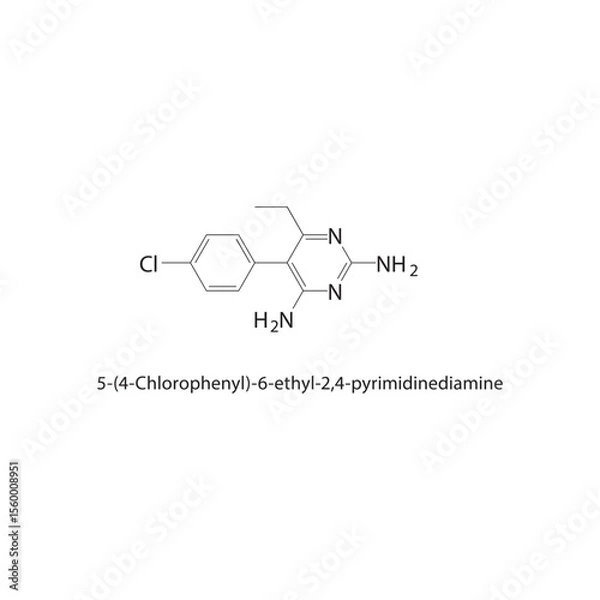 Fototapeta 5-(4-Chlorophenyl)-6-ethyl-2,4-pyrimidinediamine skeletal structure. Halogenated pyrimidine derivative compound schematic illustration. Simple diagram, chemical formula.