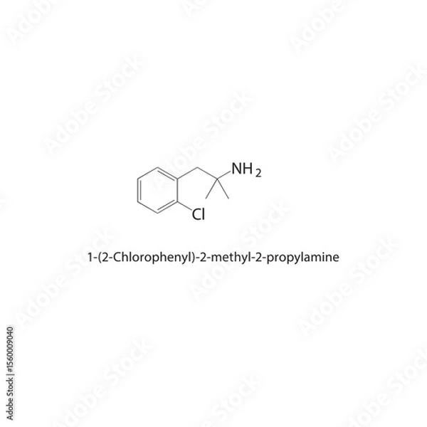 Fototapeta 1-(2-Chlorophenyl)-2-methyl-2-propylamine skeletal structure. Halogenated Aromatic Compound compound schematic illustration. Simple diagram, chemical formula.