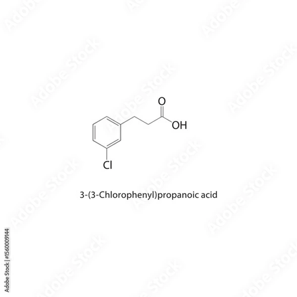 Fototapeta 3-(3-Chlorophenyl)propanoic acid skeletal structure. Halogenated aryl propanoic acid compound schematic illustration. Simple diagram, chemical formula.