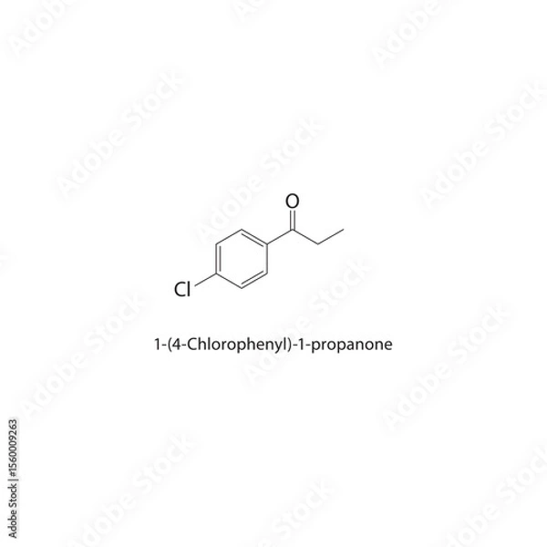 Fototapeta 1-(4-Chlorophenyl)-1-propanone skeletal structure. Halogenated aryl ketone compound schematic illustration. Simple diagram, chemical formula.