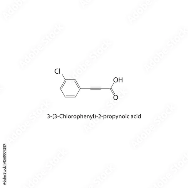 Fototapeta 3-(3-Chlorophenyl)-2-propynoic acid skeletal structure. Halogenated aryl alkyne acid compound schematic illustration. Simple diagram, chemical formula.