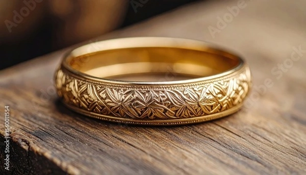 Obraz Elegant Gold Ring with Intricate Floral Engraving on Rustic Surface