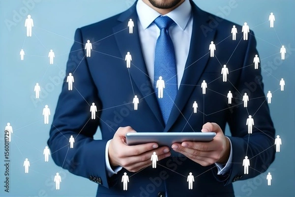 Fototapeta Business Networking Concept: Man in Suit Holding Tablet with Connected People Icons, Digital Network, Professional Connection