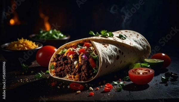 Obraz Fresh and Delicious Burrito with Meat and Vegetables on Dark Surface