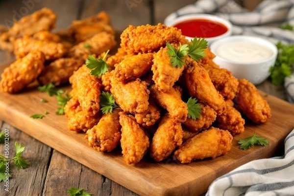 Fototapeta Crispy Fried Chicken Wings on Wooden Board with Dipping Sauces | Delicious Appetizer Food Photography | Restaurant Menu Image