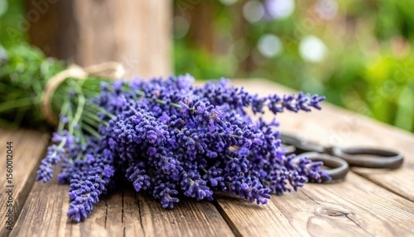 Obraz Fresh Lavender Bouquet with Scissors on Rustic Wooden Table