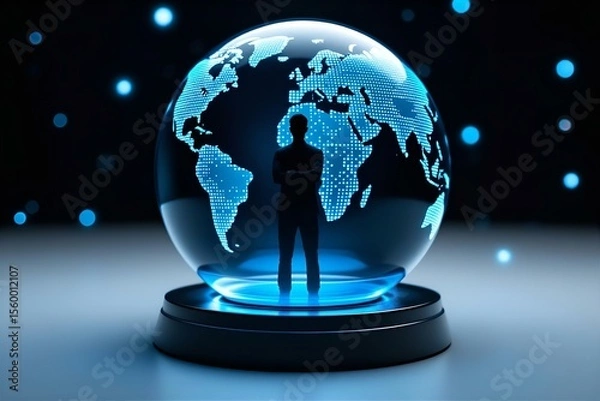Fototapeta Global Business Technology: Silhouette of a Man Standing in Front of a Glowing World Globe, Digital Art, Future Tech Concept