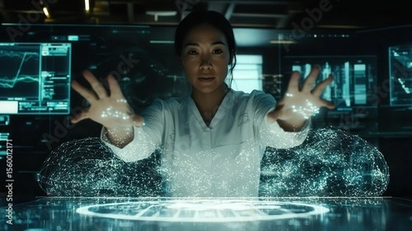 Obraz Futuristic Scientist Manipulating Holographic Data in Laboratory