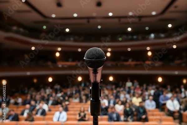 Fototapeta Microphone on Stage in Auditorium: Public Speaking, Conference, Presentation, Event, Audience, Theater, Performance, Lecture, Business, Education