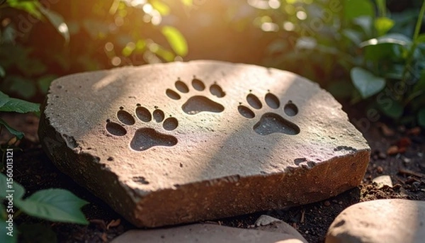 Obraz Paw Print Stone Embedded in Earth Surrounded by Lush Greenery