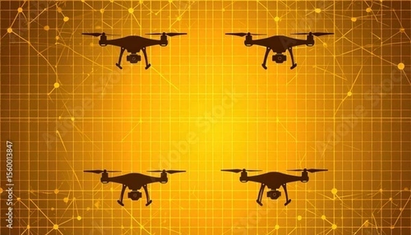 Obraz Silhouette of Drones on Abstract Technology Background with Grids