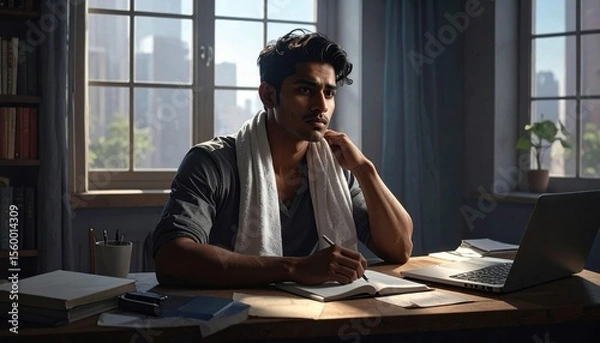 Obraz Thoughtful man writing notes in a cozy study with natural light