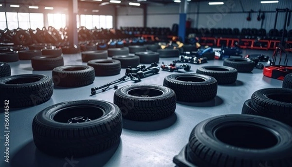 Obraz Wide View of a Tire Storage Facility with Numerous Tires on Floor