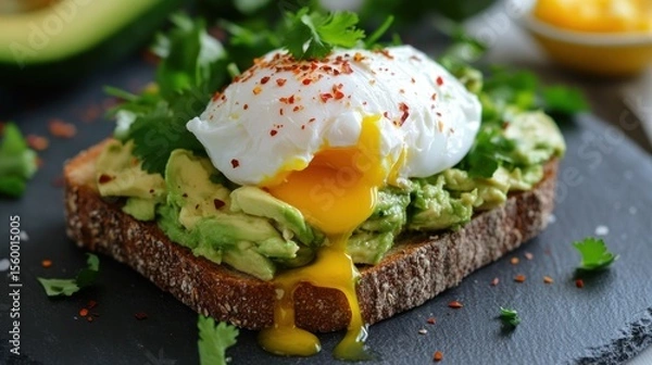 Fototapeta Avocado toast with poached egg