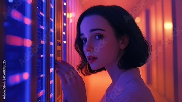 Obraz Young Woman Curiously Observing Server Racks in Modern Data Center