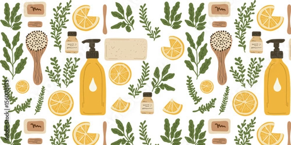 Obraz seamless pattern with set of cosmetic elements and herbs vector illustration