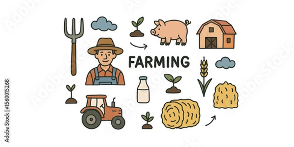 Obraz farming elements in doodle style vector illustration