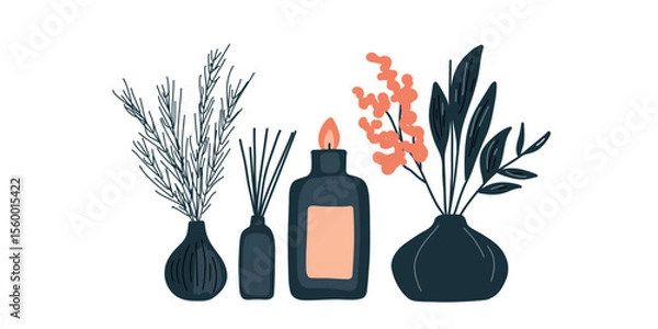 Obraz set of vases with flowers and aroma candles vector illustration