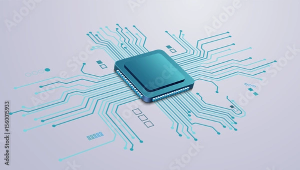 Fototapeta 3D illustration of a microchip processor connected with a digital circuit board, symbolizing technology, computing, electronics, and digital innovation.