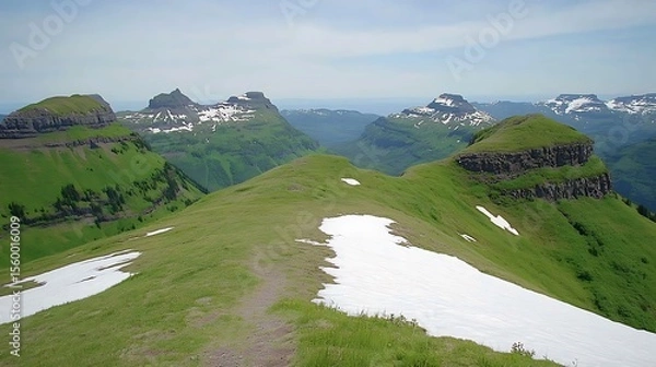 Fototapeta Picturesque panoramic view of grassy mountains with lingering snow patches in summer