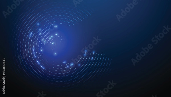 Fototapeta Abstract technology background with glowing circular dots and radial digital wave effects on a deep blue gradient backdrop. Perfect for data, AI, tech, communication, or futuristic design themes.