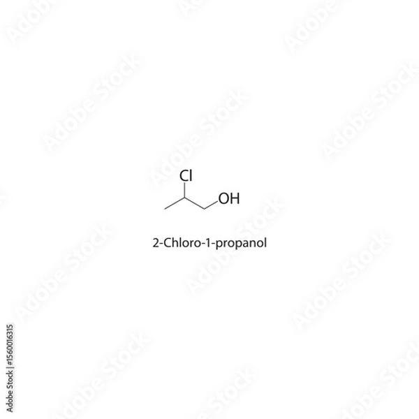Fototapeta 2-Chloro-1-propanol skeletal structure. Halogenated alcohol compound schematic illustration. Simple diagram, chemical formula.