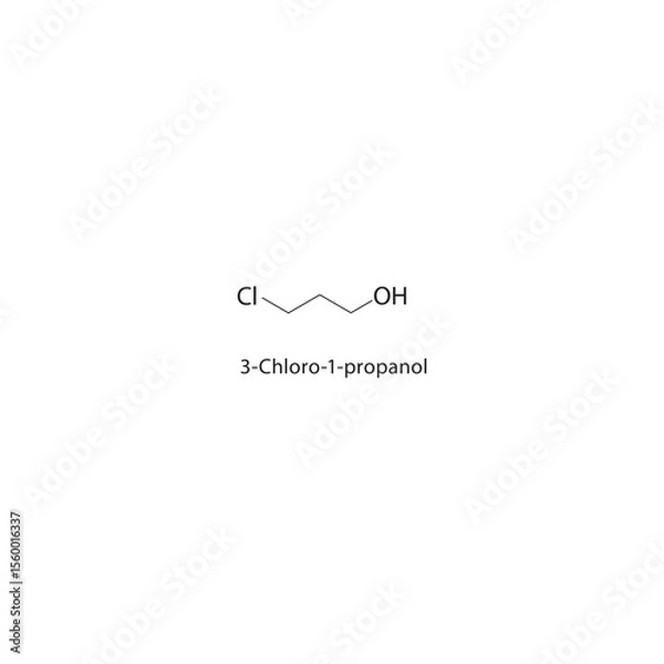 Fototapeta 3-Chloro-1-propanol skeletal structure. Halogenated alcohol compound schematic illustration. Simple diagram, chemical formula.