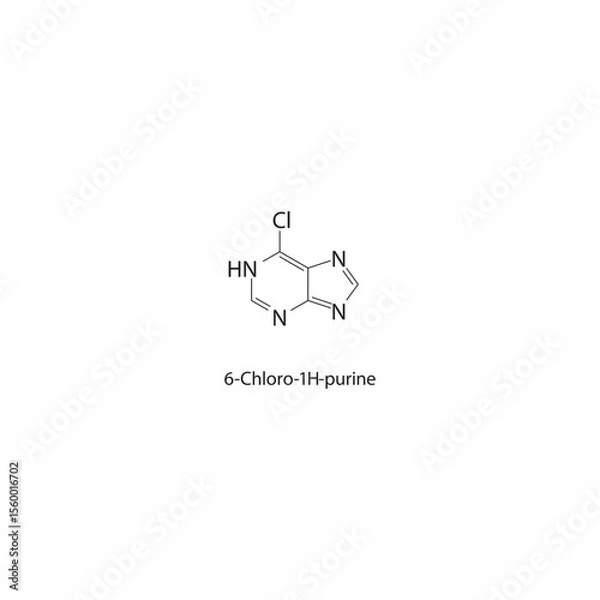 Fototapeta 6-Chloro-1H-purine skeletal structure. Halogenated purine derivative compound schematic illustration. Simple diagram, chemical formula.