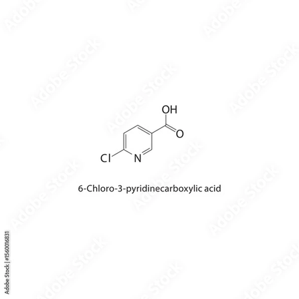 Fototapeta 6-Chloro-3-pyridinecarboxylic acid skeletal structure. Halogenated pyridine acid compound schematic illustration. Simple diagram, chemical formula.
