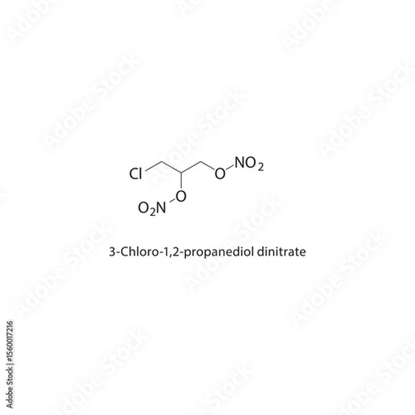 Fototapeta 3-Chloro-1,2-propanediol dinitrate skeletal structure. Halogenated nitrate ester compound schematic illustration. Simple diagram, chemical formula.