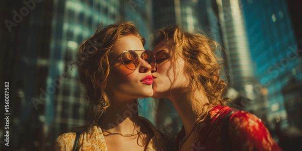 Obraz Modern girls share a kiss in front of mirrored high rises in a vibrant city center