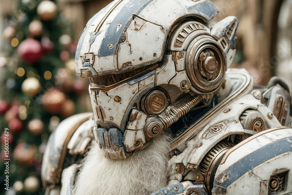 Obraz Chrome exoskeleton Santa Claus stands beside decorated quantum fir for New Year celebration