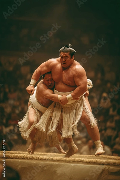 Obraz Sumo wrestlers face off in a dramatic throw during a traditional Japanese competition