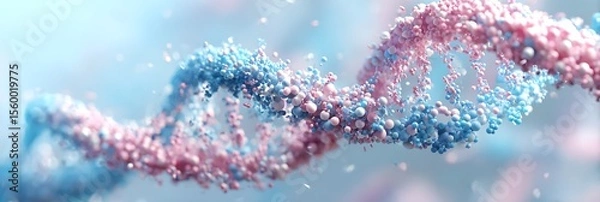 Obraz A close up view of a dna strand in pink and blue with small particles floating around it in soft focus
