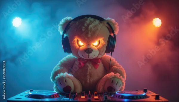 Obraz Cute evil halloween teddy dj with fog lights and copy space for halloween party