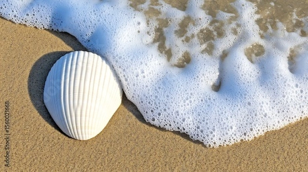 Fototapeta Seashell Serenity: White Seashell on Sandy Beach with Gentle Wave Foam Close Up